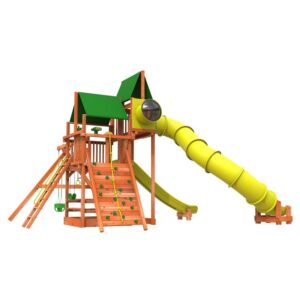 Woodplay Playhouse 6′ Combo 2 w/ Stand Alone Skybox, Extended Bubble Panel & Squiggle Slide Cedar Wood Swing Set / Playset